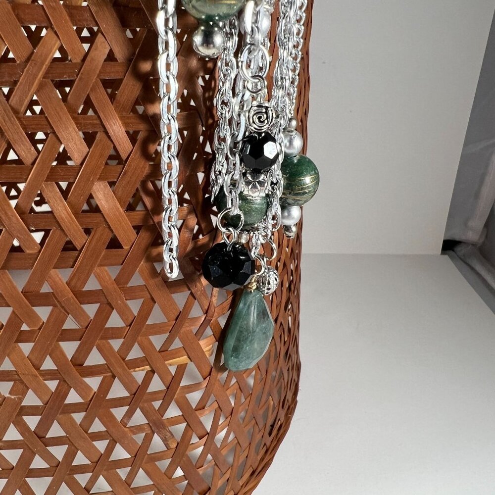 Elegant Silver Chain Tassel Keychain With Black & Green Beads Lobster Clasp Mult - Picture 5 of 5
